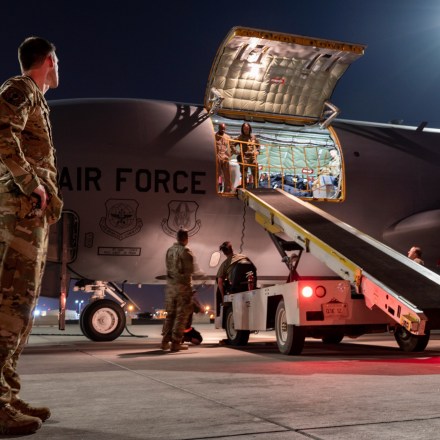 U.S. Air Force Lt. Col. Chris Knaute, a deployed Air Refueling Squadron commander, prepares to unload cargo from a KC-135 Stratotanker assigned to Fairchild Air Force Base, Wash., after its arrival at an undisclosed location within the U.S. Central Command area of responsibility, Oct. 23, 2023. The KC-135 provides aerial refueling support to U.S. and partner nations. The U.S. along with partner nations, operate a highly agile fighting force, leveraging the most advanced platforms to deter aggression and ensure stability in the region. These KC-135s were reassigned from MacDill AFB, Fla., to Fairchild, but the unit insignia has not been updated on the nose of the aircraft. (U.S. Air Force courtesy photo)