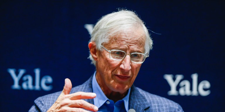 NEW HAVEN, CT - OCTOBER 08: Yale Professor William Nordhaus speaks during a press conference after winning the 2018 Nobel Prize in Economic Sciences at Yale University on October 8, 2018 in New Haven, Connecticut.  Professor Nordhaus' research has been focused on the economics of climate change, economic growth and natural resources. (Photo by Eduardo Munoz Alvarez/Getty Images)