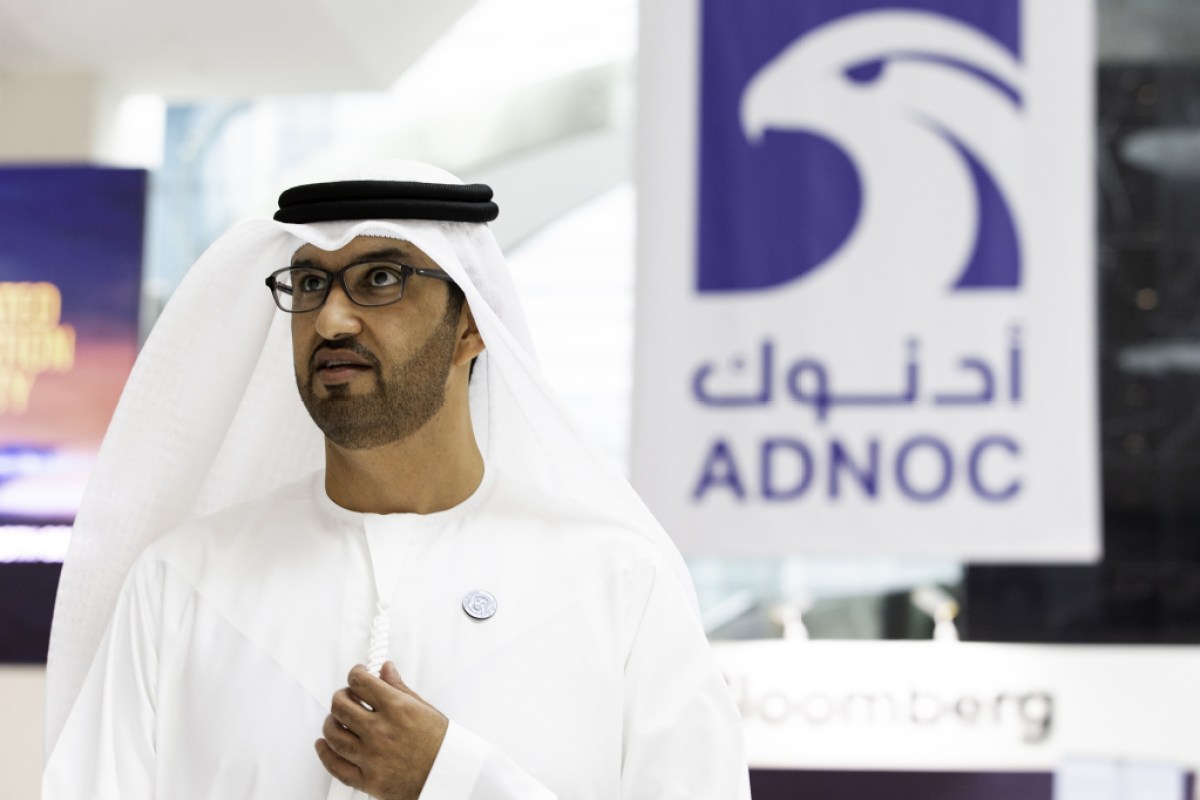 Sultan Ahmed Al Jaber, chief executive officer of Abu Dhabi National Oil Co. (ADNOC), speaks during a Bloomberg Television interview at the Abu Dhabi International Petroleum Exhibition & Conference (ADIPEC) in Abu Dhabi, United Arab Emirates, on Tuesday, Nov. 13, 2018. OPECs secretary-general, energy ministers from Saudi Arabia to Russia, CEOs at oil majors from Total SA, BP Plc and Eni SpA, and officials from Middle Eastern energy giants such as Abu Dhabis Adnoc have gathered to sign deals and discuss oil, gas, refining and petrochemical issues. Photographer: Christopher Pike/Bloomberg via Getty Images