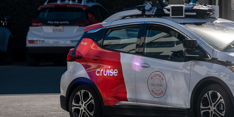 A Cruise vehicle in San Francisco, California, U.S., on Wednesday Feb. 2, 2022. Cruise LLC, the self-driving car startup that is majority owned by General Motors Co., said its offering free rides to non-employees in San Francisco for the first time, a move that triggers another $1.35 billion from investor SoftBank Vision Fund. Photographer: David Paul Morris/Bloomberg via Getty Images
