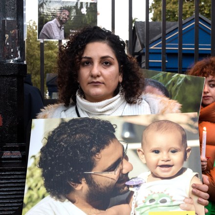 Mona Seif, sister of the jailed British-Egyptian human rights activist Alaa Abd el-Fattah, is joined by supporters during a vigil outside Downing Street in London, United Kingdom on November 6, 2022.