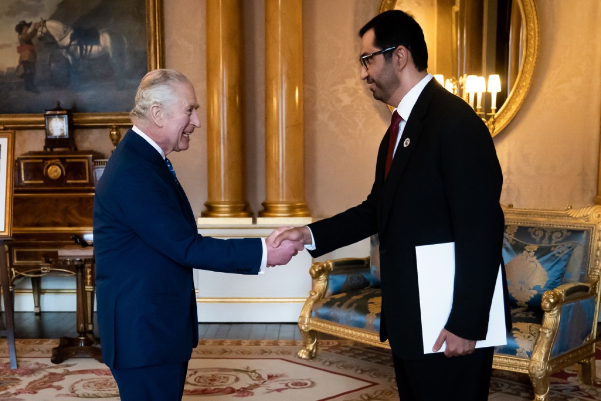 LONDON, ENGLAND - FEBRUARY 16: King Charles III receives Dr Sultan Al Jaber, UAE COP28 President and United Arab Emirates' Special Envoy for Climate Change, during an audience at Buckingham Palace on February 16, 2023 in London, England. (Photo by Aaron Chown - Pool/Getty Images)