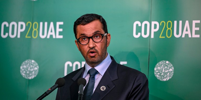 BONN, GERMANY - JUNE 8: Sultan Ahmed Al Jaber, President-Designate of the UNFCCC COP28 climate conference and CEO of the Abu Dhabi National Oil Company, speaks at a side event at the UNFCCC SB58 Bonn Climate Change Conference on June 8, 2023 in Bonn, Germany. The conference, which lays the groundwork for the adoption of decisions at the upcoming COP28 climate conference in Dubai in December, will run until June 15. (Photo by Sascha Schuermann/Getty Images)