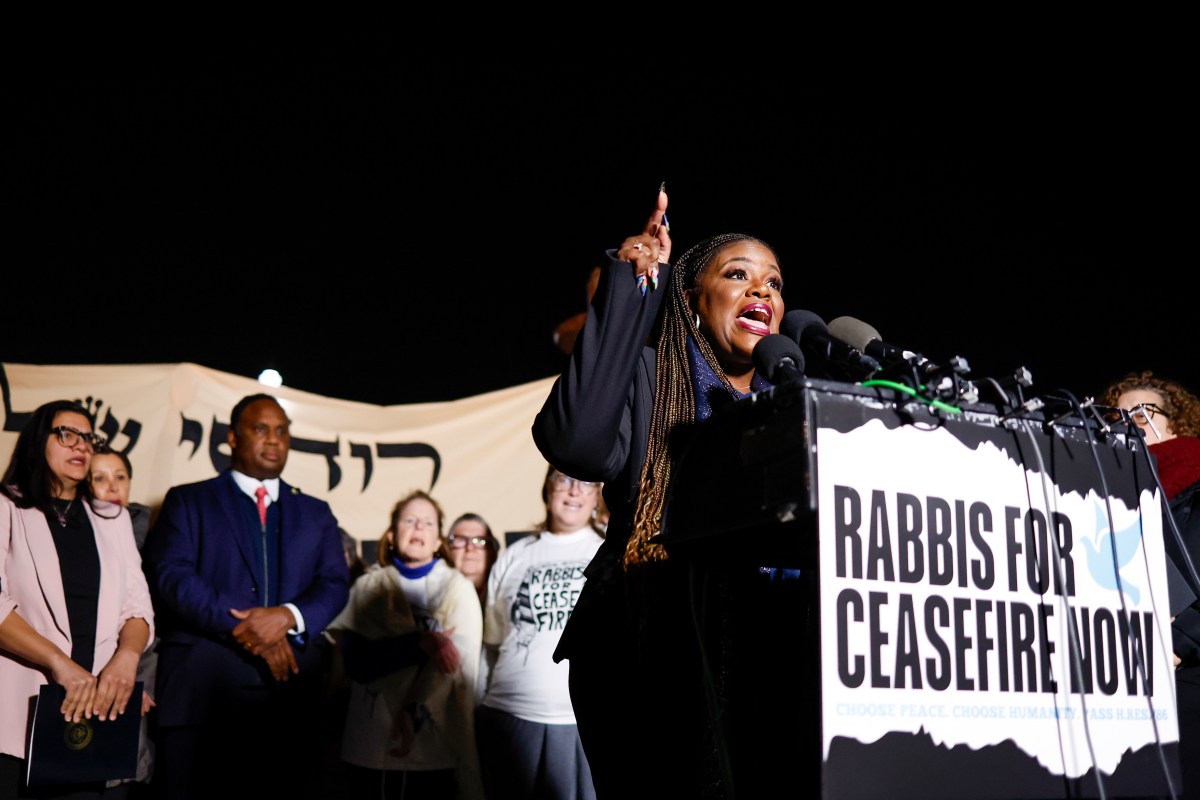 WASHINGTON, DC - NOVEMBER 13: U.S. Rep. Cori Bush (D-MO) speaks at a news conference calling for a ceasefire in Gaza outside the U.S. Capitol building on November 13, 2023 in Washington, DC. House Democrats held the news conference alongside rabbis with the activist group Jewish Voices for Peace. (Photo by Anna Moneymaker/Getty Images)